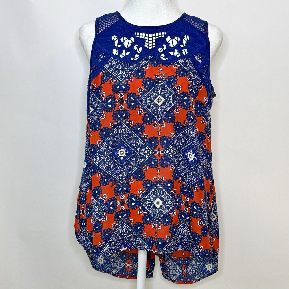 DANIEL RAINN Sleeveless Crew Neck Tank Top Shirt Women's S Red Blue Lace Summer